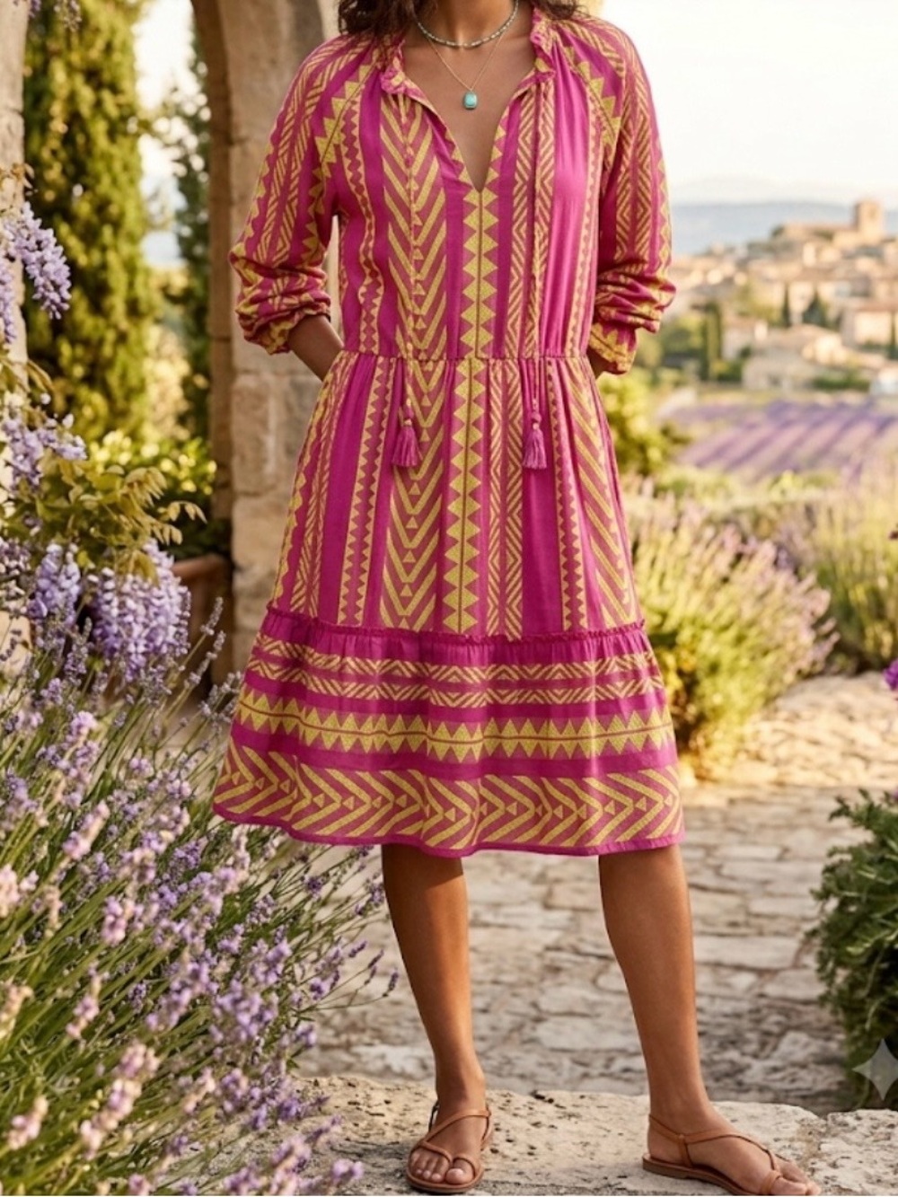 MAEVE BY Anthropologie Pink and Yellow Geometric Tiered Midi Dress